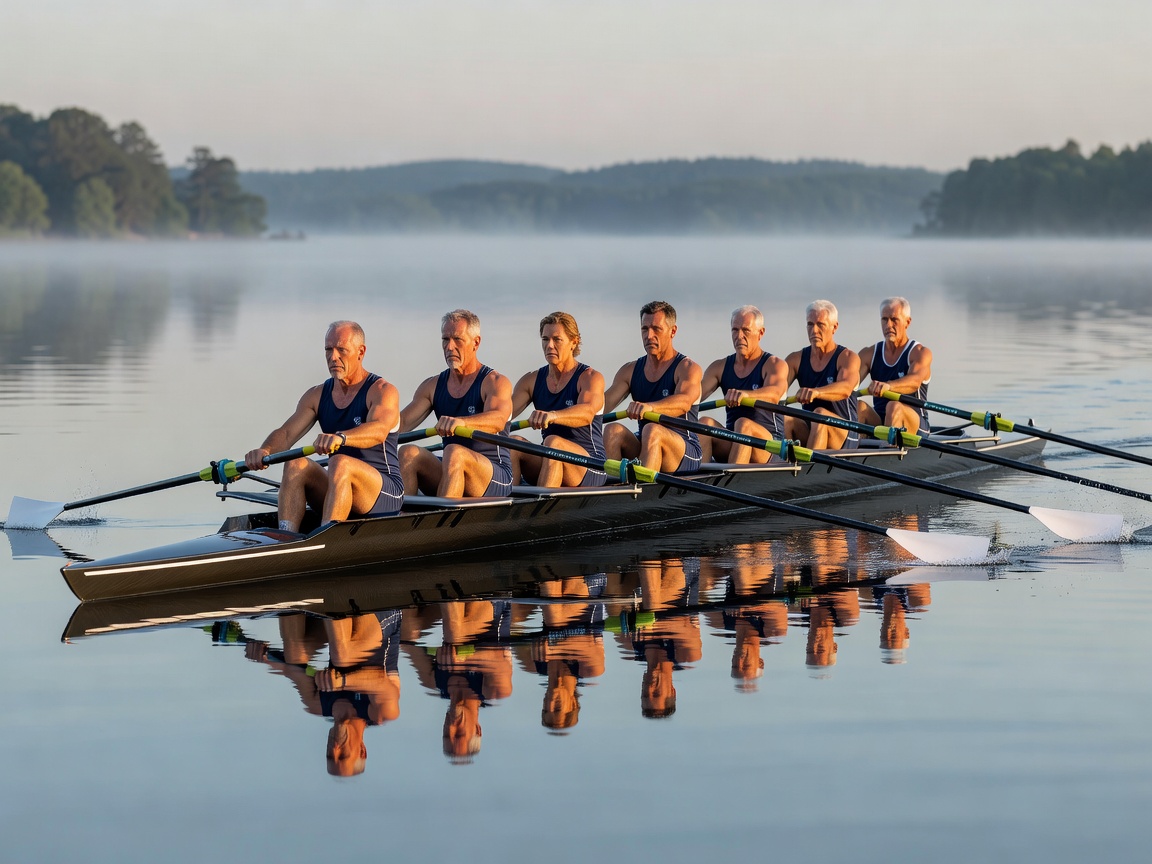 Adult masters crew rowing in unison in an eight shell on calm water