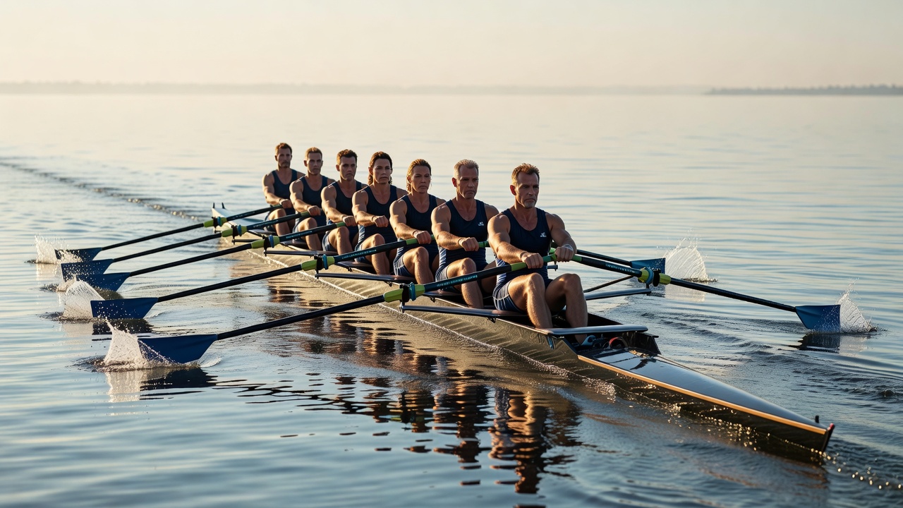 Adult masters rowing squad in synchronised motion on open water