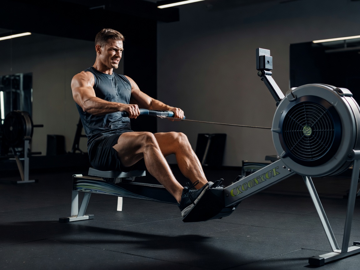 Athlete performing power workout on rowing ergometer equipment