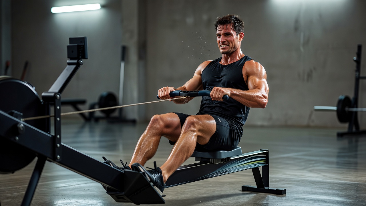 Athlete training intensely on an indoor rowing machine
