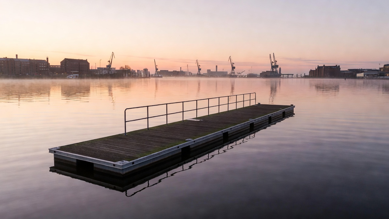 Club pontoon dock overlooking peaceful morning water in Hamburg