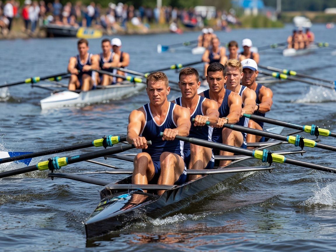 Competitive rowing crew performing high intensity race stroke in regatta