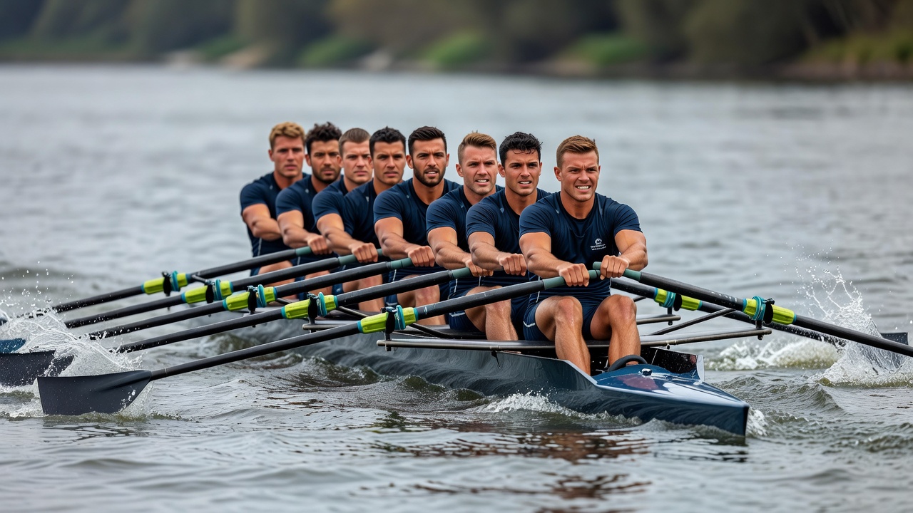 Competitive rowing crew performing high speed synchronized strokes