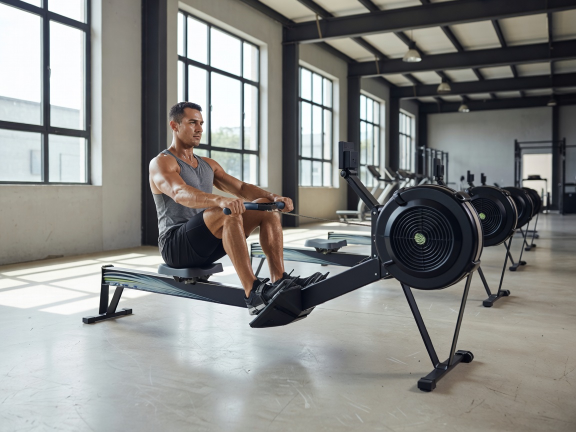 Indoor rowing ergometer conditioning machine in fitness hall