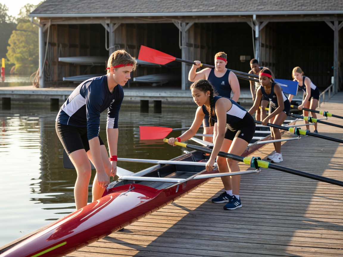 Junior athletes preparing rowing shells and oars at the club boathouse