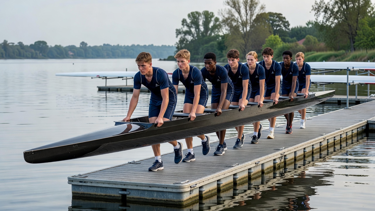 Junior youth rowers carrying their boat to the dock pontoon