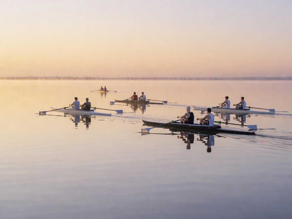 Recreational scullers rowing in calm morning conditions on open water