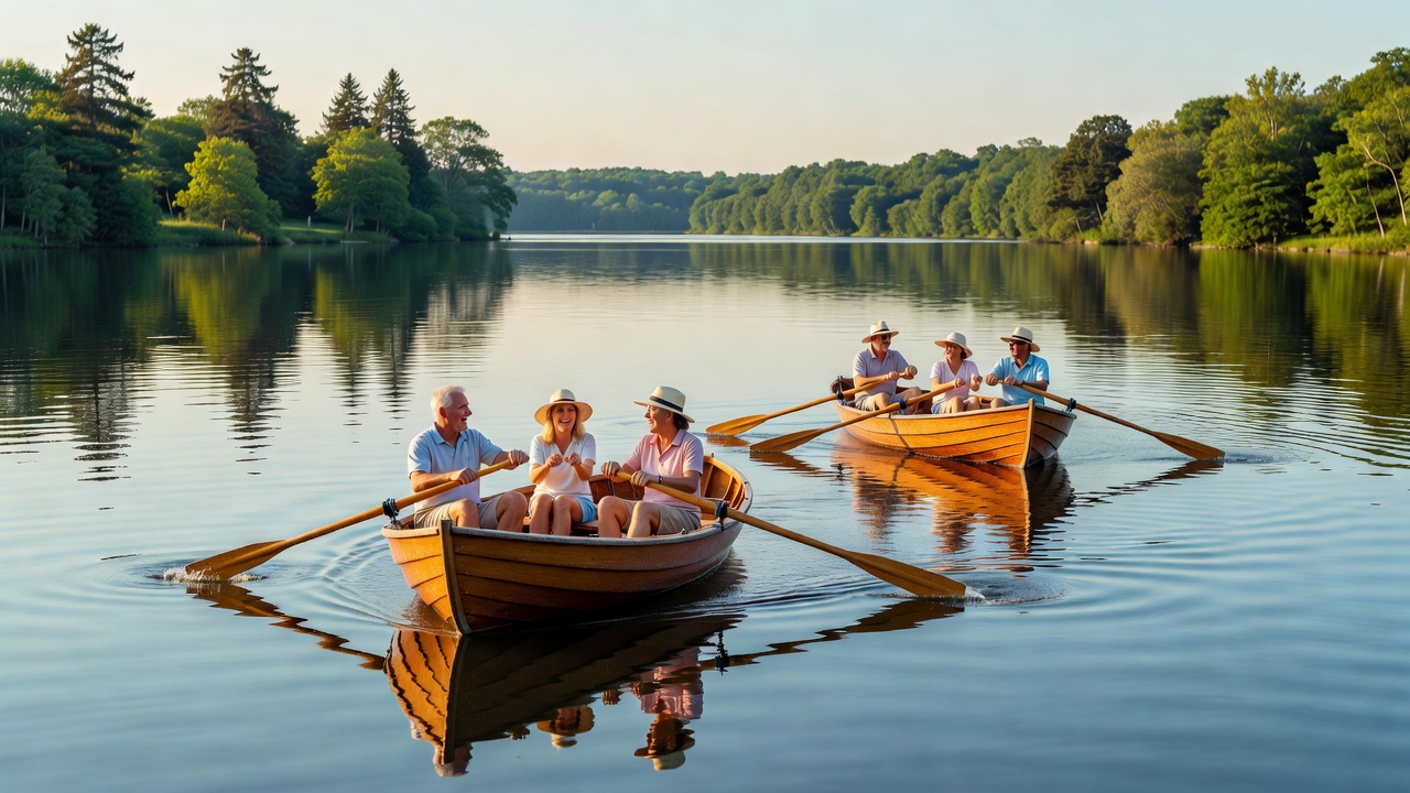Rowers enjoying a recreational water excursion on calm lake