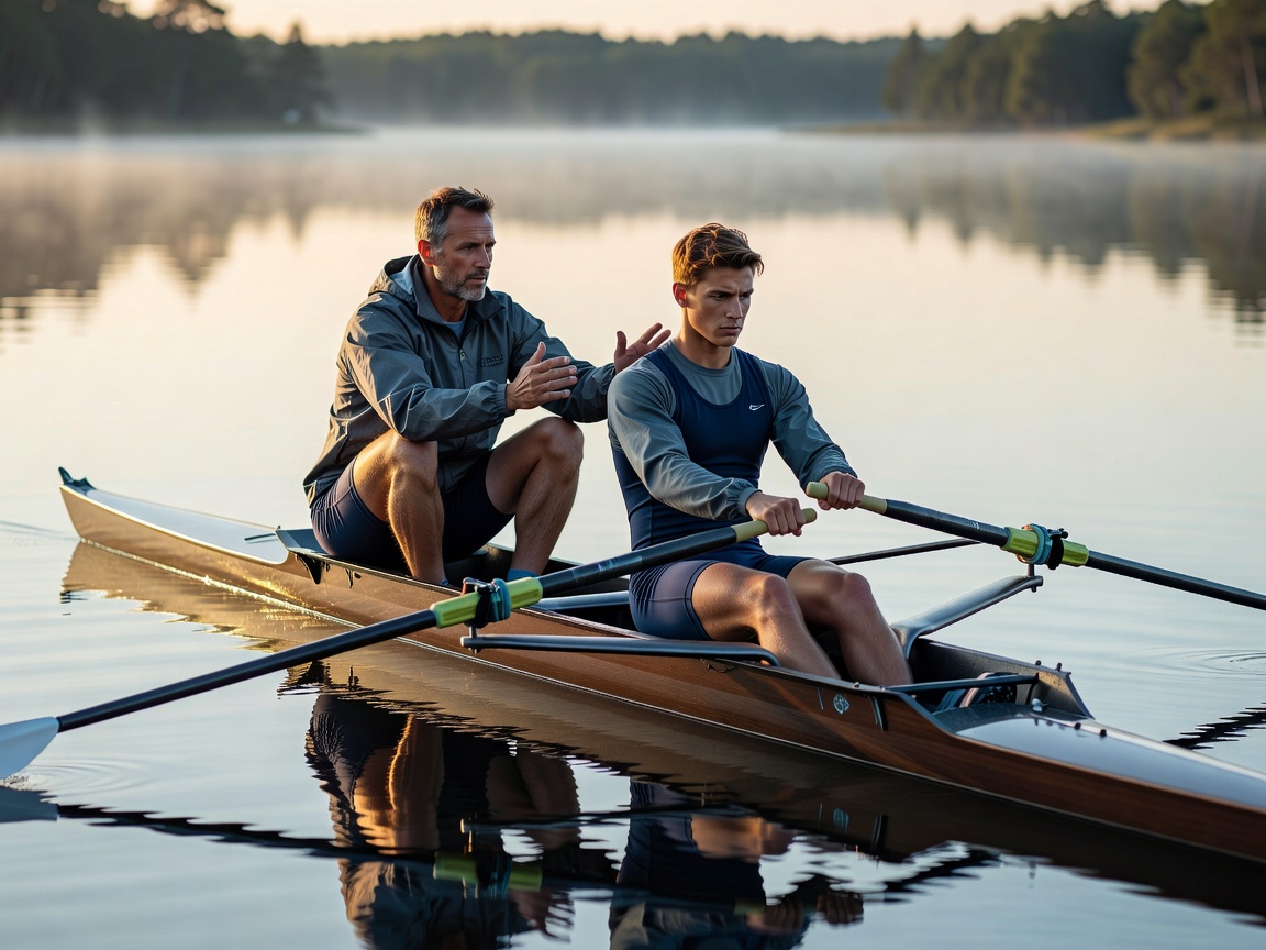 Rowing coach teaching beginner athlete technique and posture fundamentals