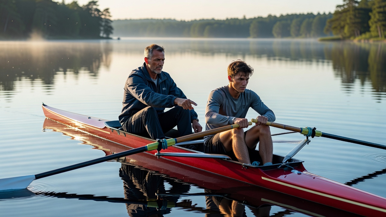 Rowing coach teaching beginner athlete technique on calm water