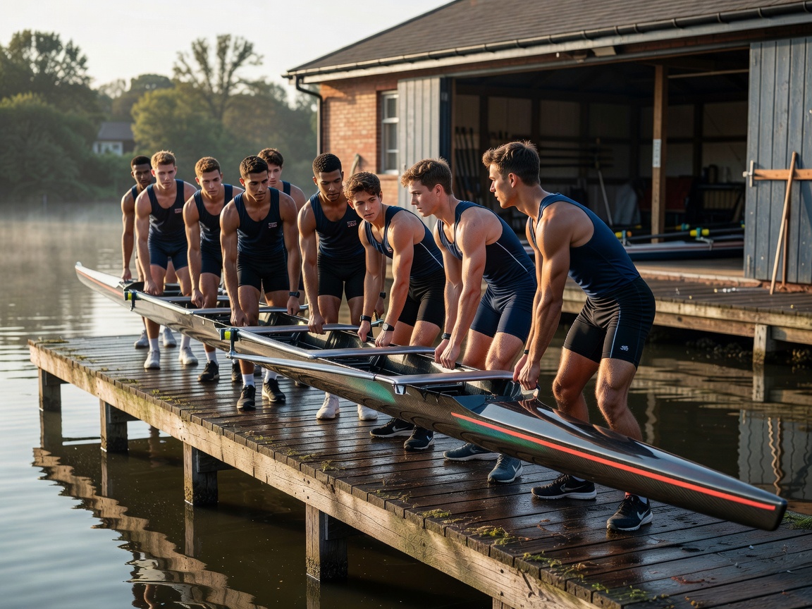 Rowing crew athletes carrying racing shell along the club pontoon dock