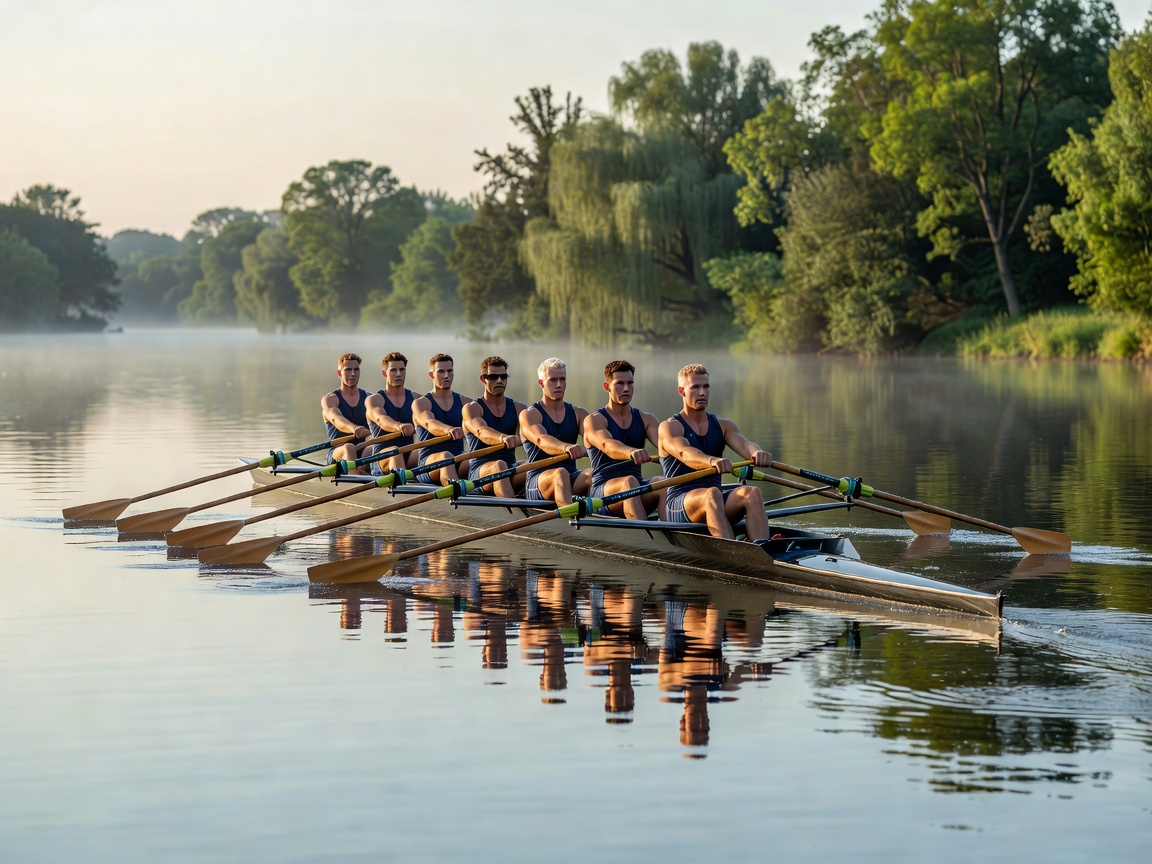 Rowing crew executing coordinated training stroke on calm river waterway