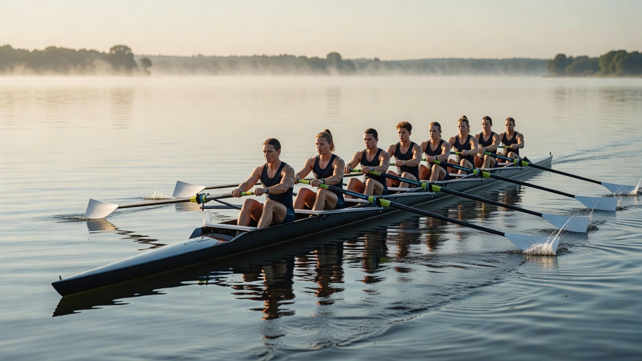 Rowing crew team training in a fine shell on open water in morning light