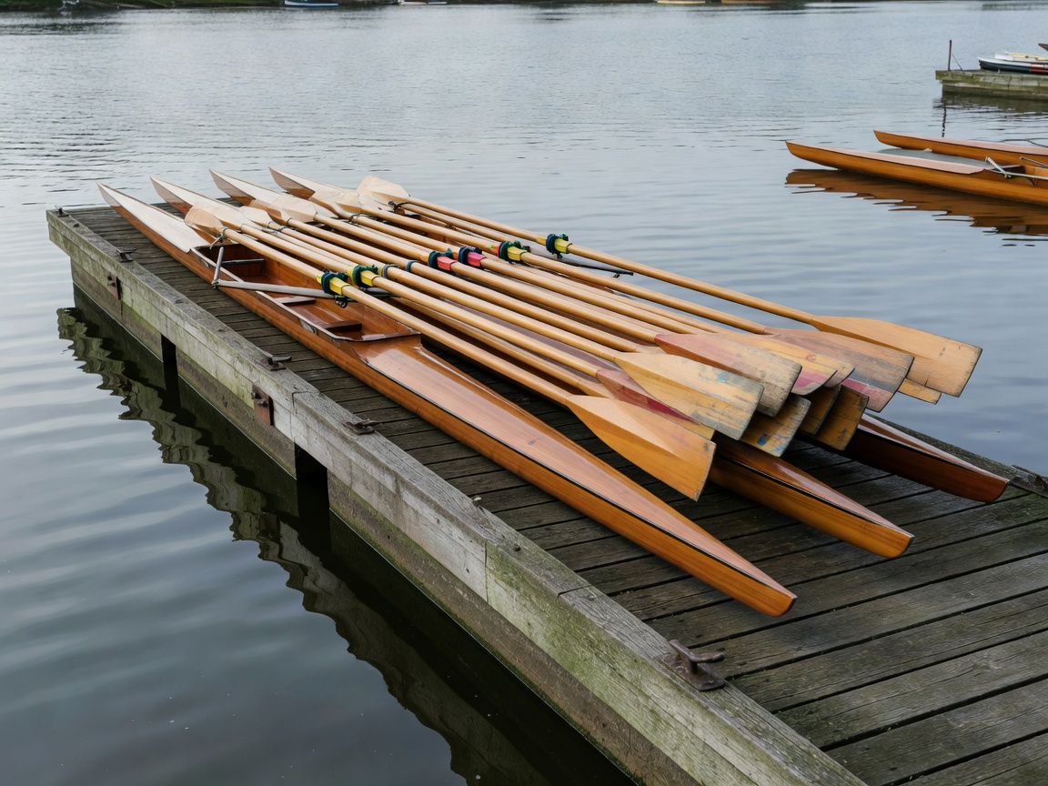Rowing scull and sweep oars stacked along boat dock