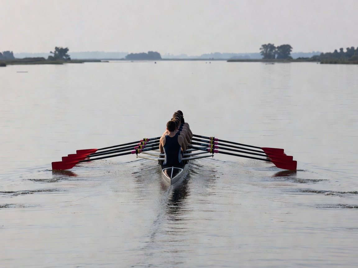 Rowing shell cutting smoothly through open waterway