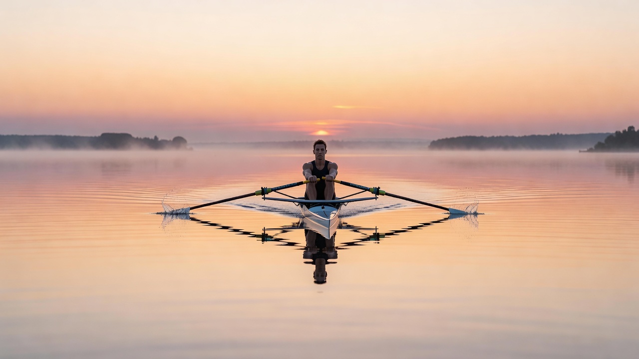 Single sculler rowing across calm water at dawn