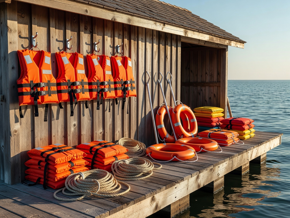 Water safety gear, life vests, and equipment ready on boathouse dock